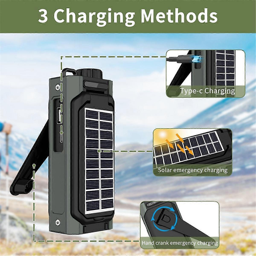 Portable solar-powered emergency hand-cranked radio