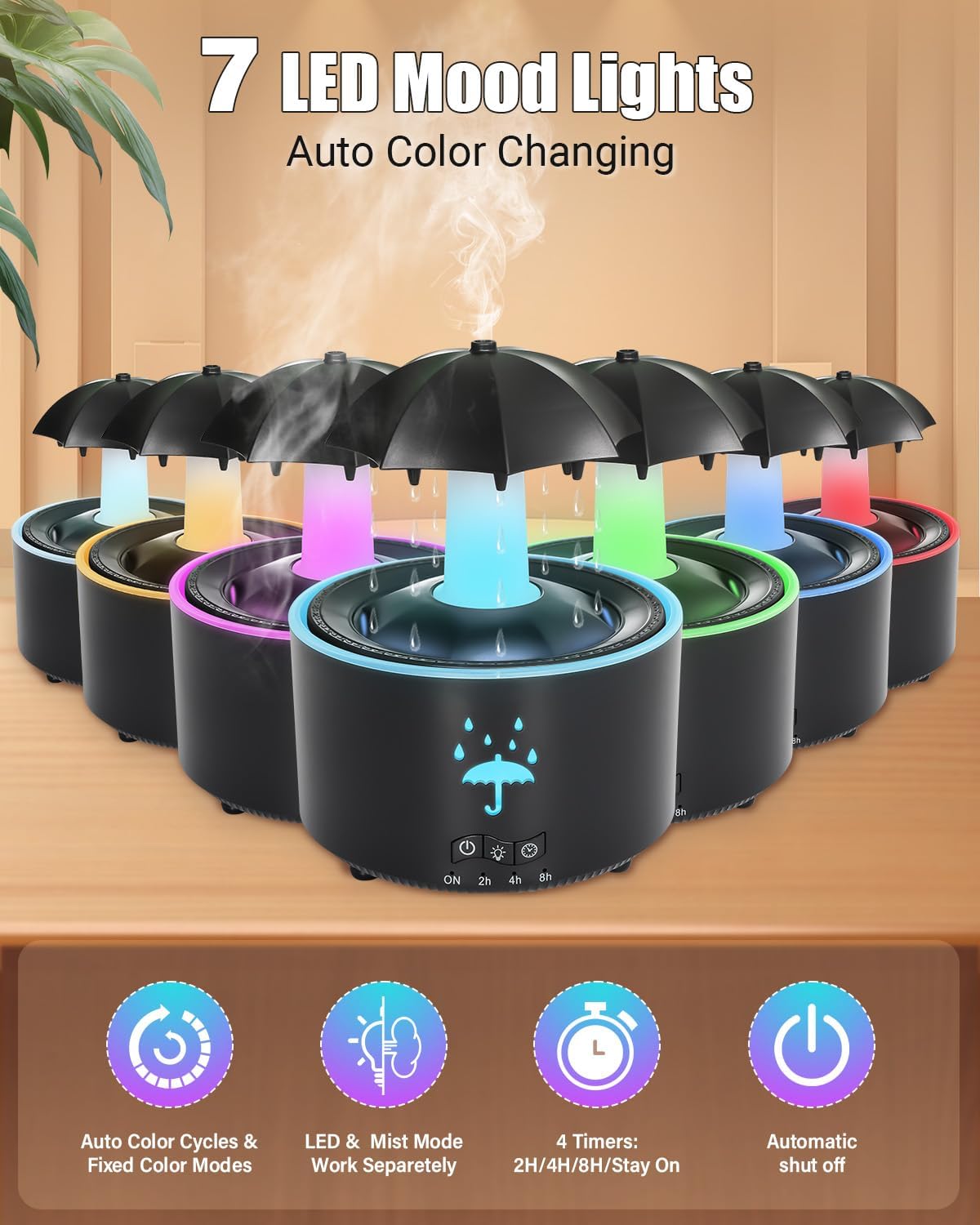 🌨 2-in-1 humidifier oil diffuser with rotating raindrops and 7 LED mood lights | easy to fill and clean | automatic shut-off