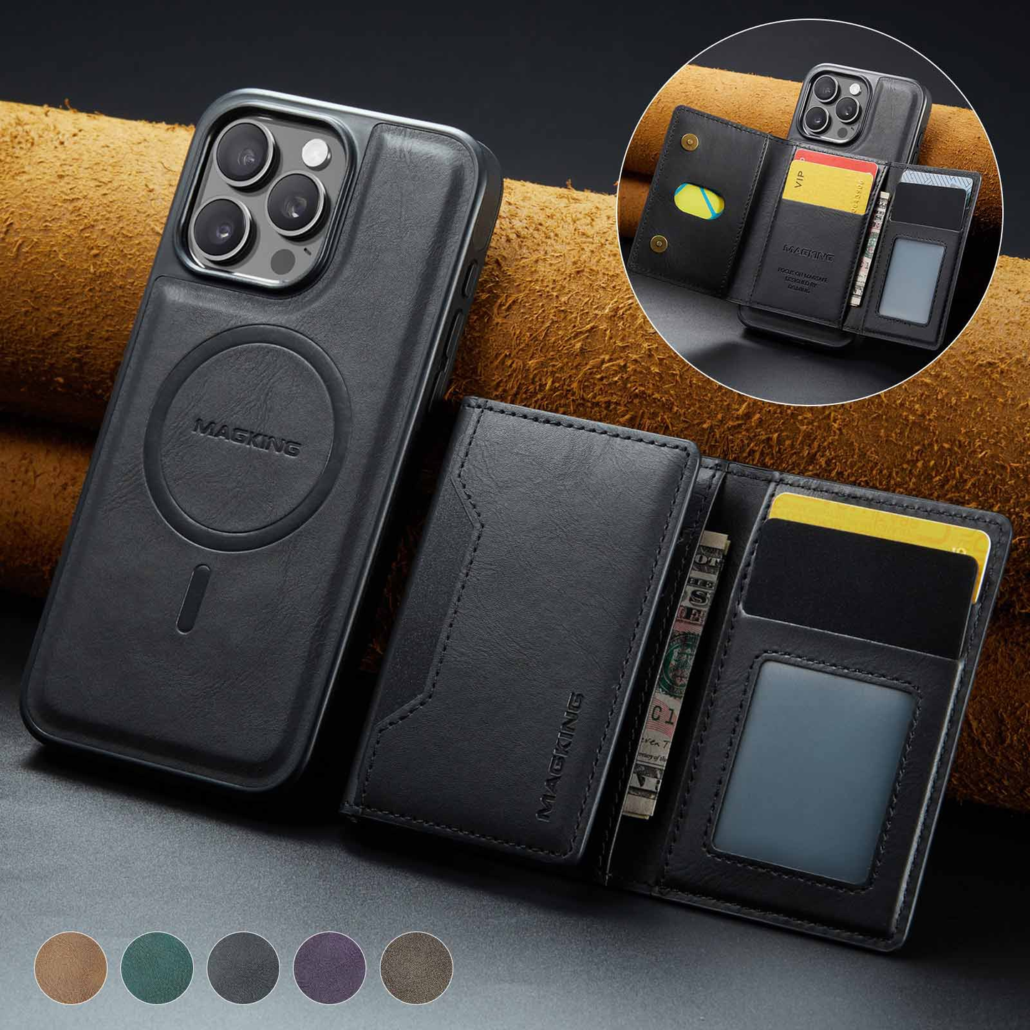 📱 Apple Magnetic Wireless Charging Phone Case | Anti theft Brush Three fold Card Pack | Bracket, Card Pack, Wireless Charging Multi in One