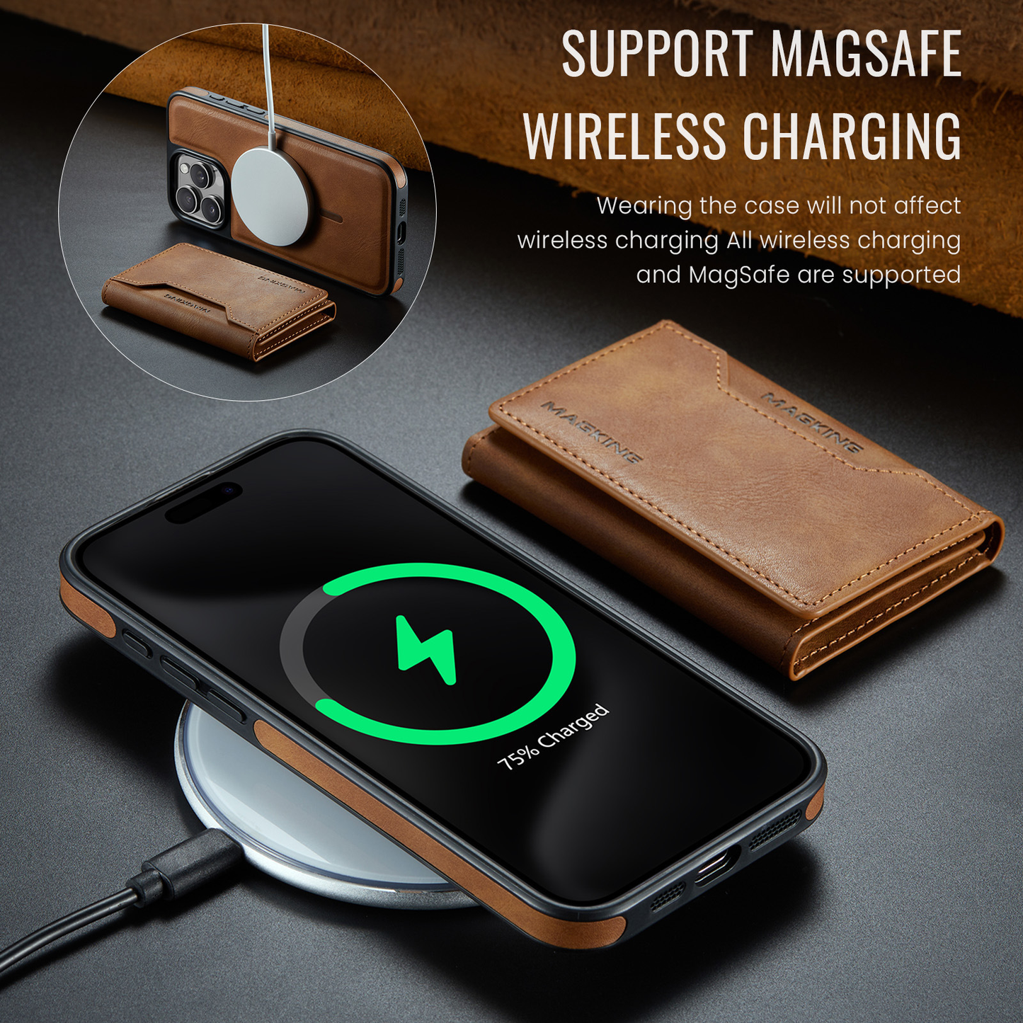 📱 Apple Magnetic Wireless Charging Phone Case | Anti theft Brush Three fold Card Pack | Bracket, Card Pack, Wireless Charging Multi in One