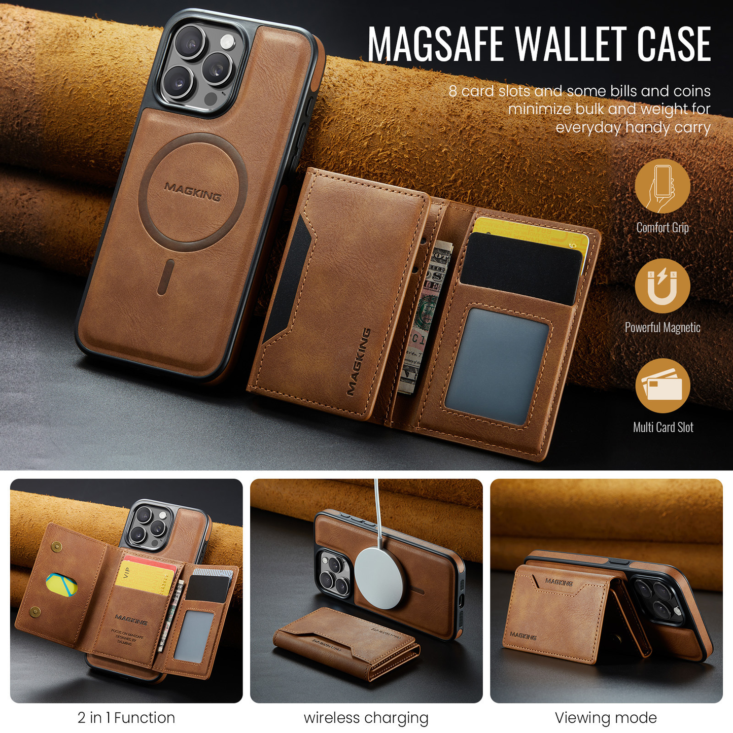 📱 Apple Magnetic Wireless Charging Phone Case | Anti theft Brush Three fold Card Pack | Bracket, Card Pack, Wireless Charging Multi in One